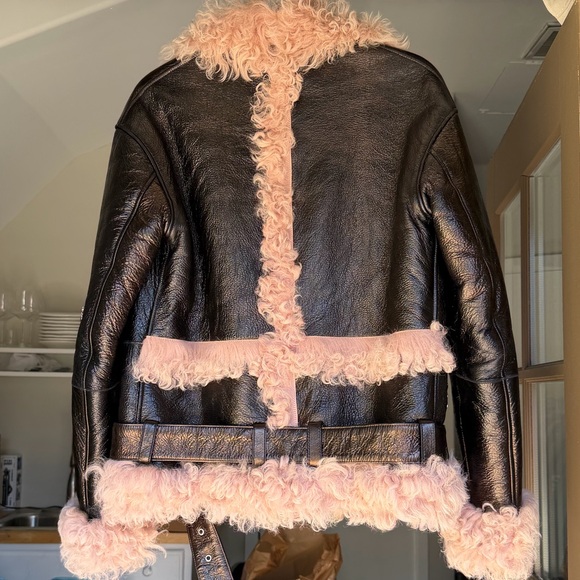 Sandy Liang Black Faux Leather Jacket with Pink Shearling Trim - Picture 3 of 3